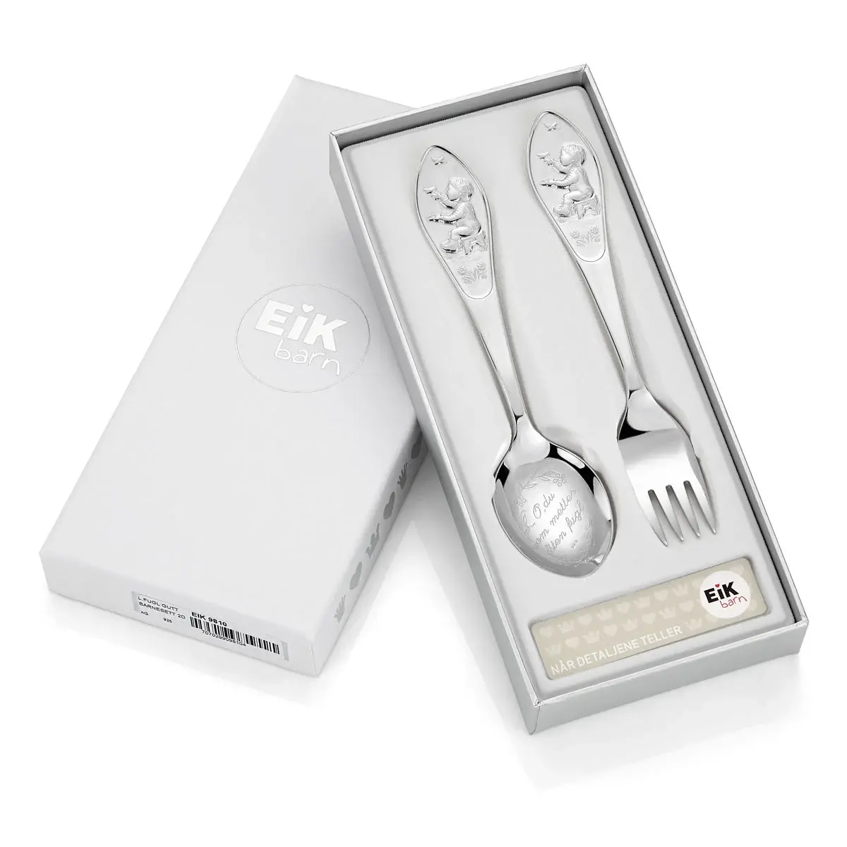 Du som metter liten fugl sølvbestikk guttesett