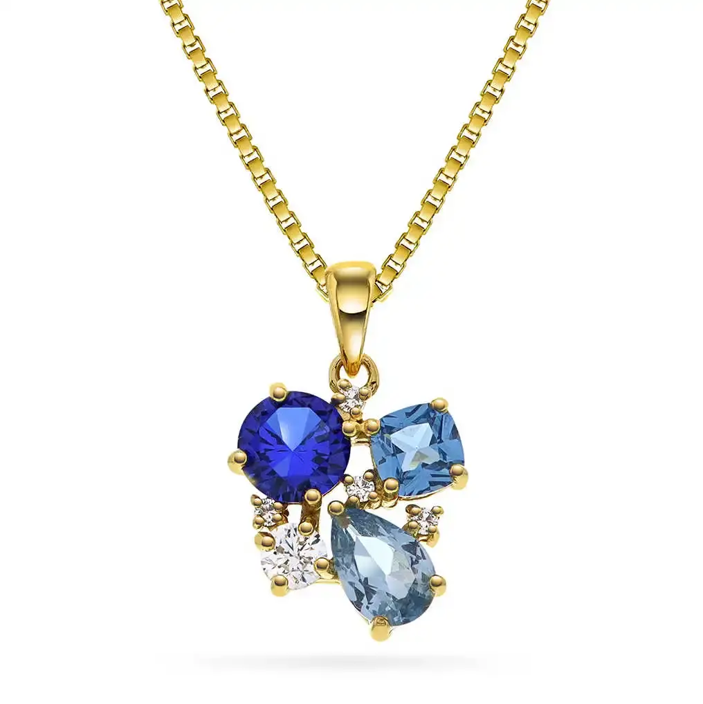 Elegant anheng i forgylt sølv med blå zirkonia.